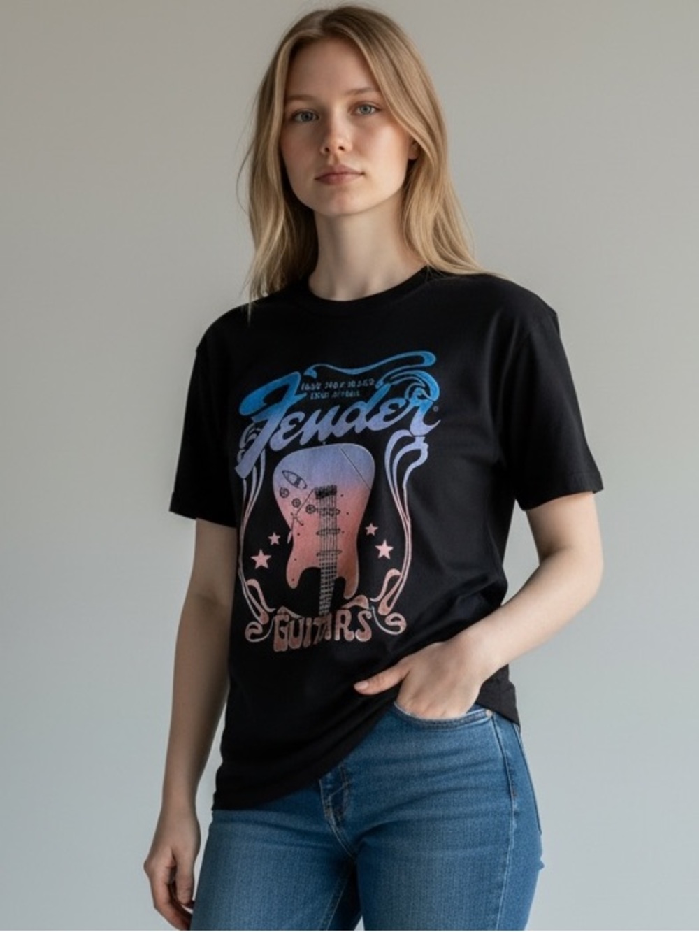 Fender Black Women Tee with Blue and Coral Gradient Guitar Graphic Size Xl